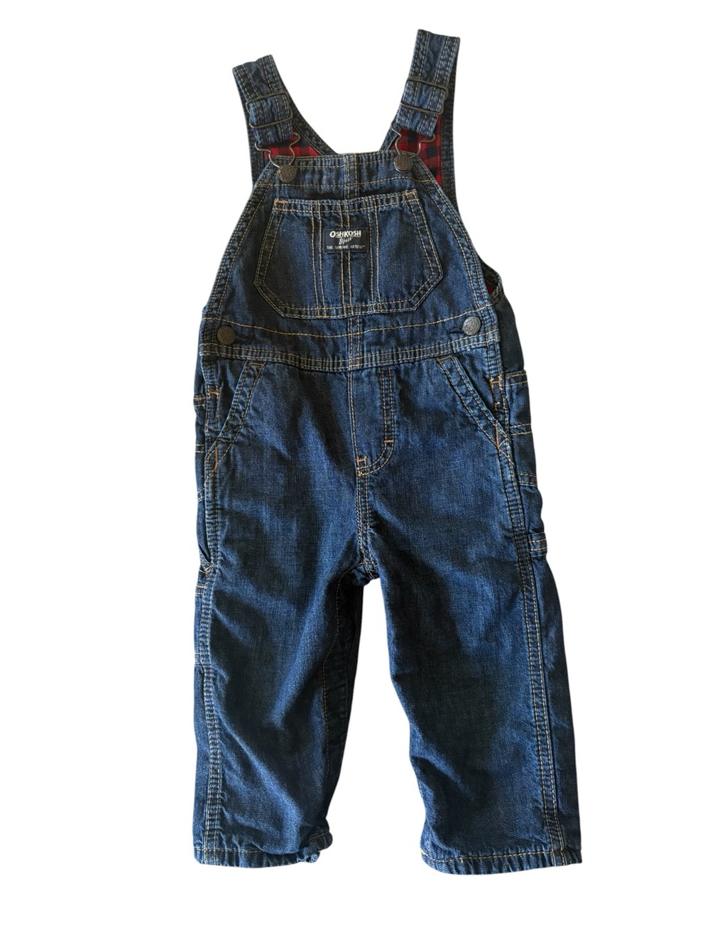 OshKosh B'gosh Dark Blue Denim Kids Overalls with Red Plaid Lining